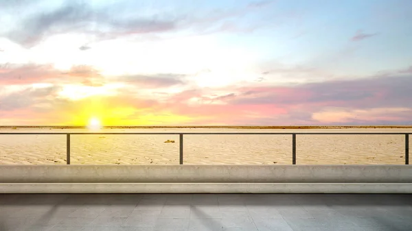 Lantai Teras Dengan Pemandangan Bukit Pasir Dengan Latar Langit Matahari — Stok Foto