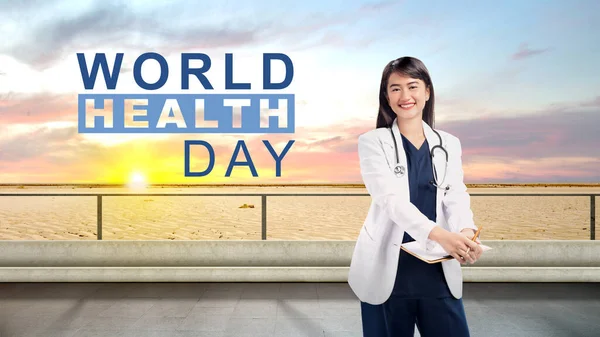 Asijská Doktorka Stetoskopem Který Drží Podložku Koncept Světového Dne Zdraví — Stock fotografie