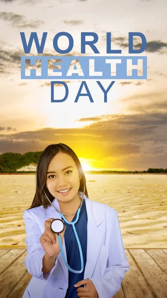 Asijská Doktorka Ukazuje Stetoskop Koncept Světového Dne Zdraví — Stock fotografie