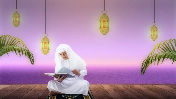 Muslimský Muž Sedí Čte Korán Modlitebním Koberci Dřevěné Podlaze — Stock fotografie