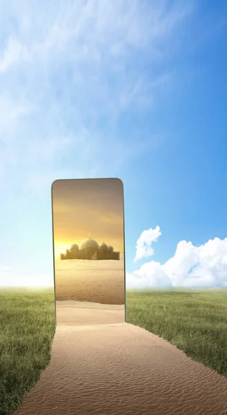 Ekran Telefonu Komórkowego Widokiem Meczet Tle Sceny Zachody Słońca — Zdjęcie stockowe