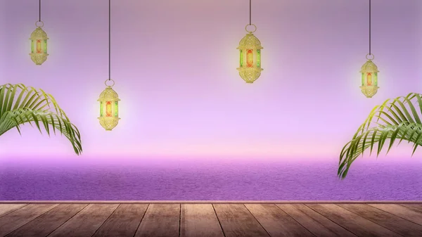 Houten Vloer Met Opknoping Arabische Lamp Met Kleurrijk Licht Met — Stockfoto