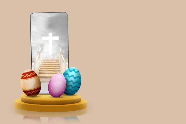 Ovos Páscoa Coloridos Tela Telefone Celular Com Vista Cruzada Cristã — Fotografia de Stock