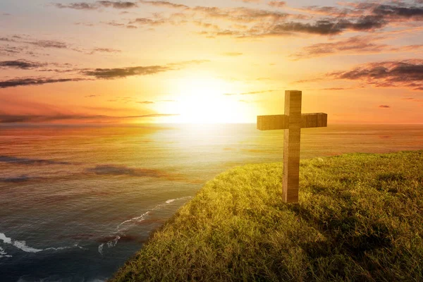 Christian Cross Field Sunset Sky Background — Stockfoto