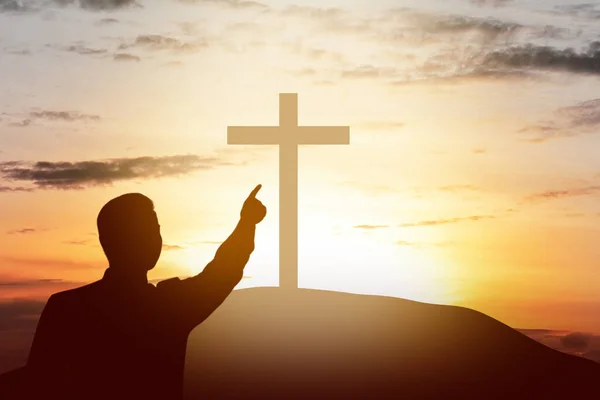 Silhouette Businessman Pointing Christian Cross Hill Sunset Sky Background — Stock Photo, Image