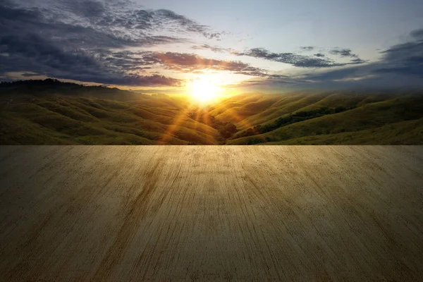 Wooden Floor Green Hills Landscape View Sunset Sky Background — стоковое фото