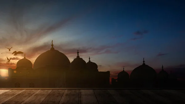 Silhouet Van Moskee Met Dramatische Hemelse Achtergrond — Stockfoto