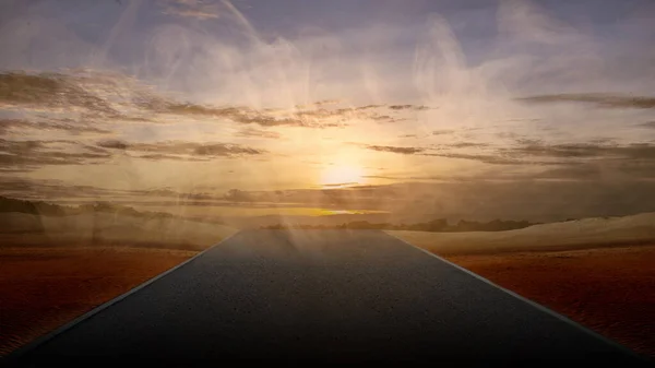 Asphalt road with a desert view and sunset scene background