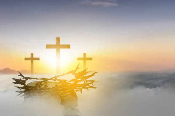 Christian Cross Crown Thorns Sunset Sky Background — Stock Photo, Image