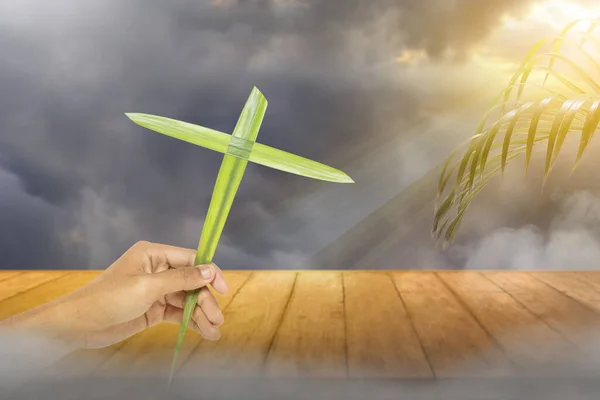 Human Hand Holding Palm Leaf Cross Shape Palm Sunday Concept — стоковое фото