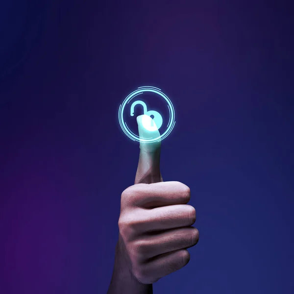 Eine Menschliche Hand Drückt Die Virtuelle Taste Mit Einem Sicherheitssymbol — Stockfoto