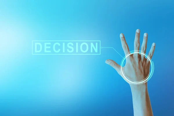 Tangan Manusia Dengan Layar Virtual Dengan Simbol Keputusan Pada Latar — Stok Foto