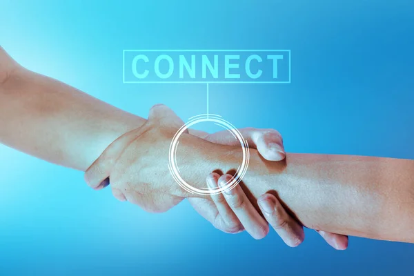 Human Hand Virtual Screen Connecting Symbol Colored Background — Stock Photo, Image