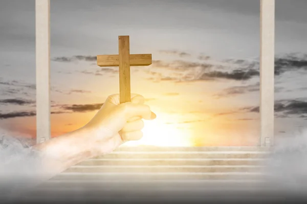 Human Hand Holding Christian Cross Sunset Sky Background — Foto Stock