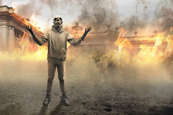 Man Wearing Mask Standing Fires Background — Stock Photo, Image