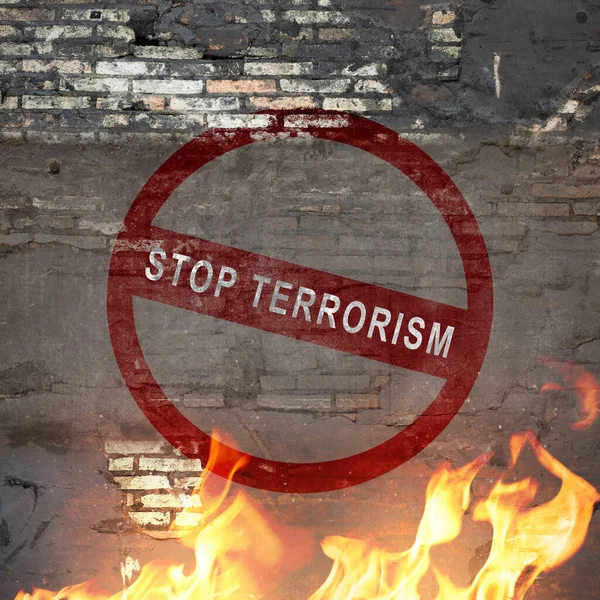 Цегляна Стіна Знаком Припинення Тероризму Вогнем — стокове фото