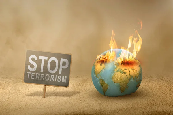 Зупинити Тероризм Дерев Яній Дошці Обпаленою Землею — стокове фото