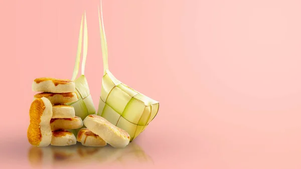 印度尼西亚饼干和Ketupat 米饺子 以彩色背景庆祝开斋节 Kue Lebaran — 图库照片