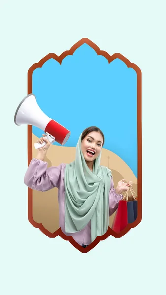 Asijské Muslim Žena Šátku Drží Megafon Nákupní Tašky Barevném Pozadí — Stock fotografie