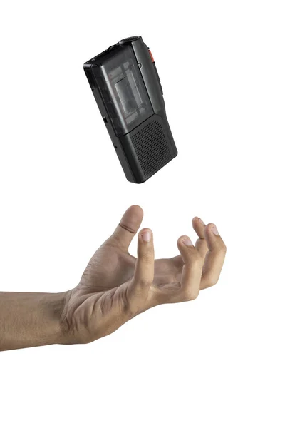 Menschliche Hand Mit Aufnahmegerät Isoliert Über Weißem Hintergrund — Stockfoto