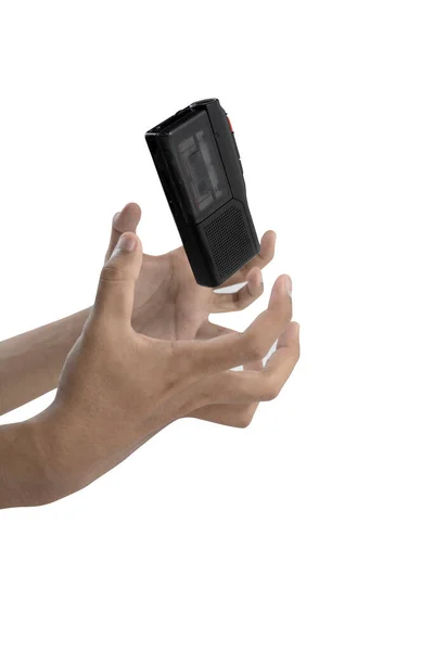 Mão Humana Com Dispositivo Gravação Isolado Sobre Fundo Branco — Fotografia de Stock