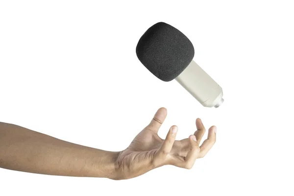 Ανθρώπινο Χέρι Μικρόφωνο Απομονωμένο Λευκό Φόντο — Φωτογραφία Αρχείου