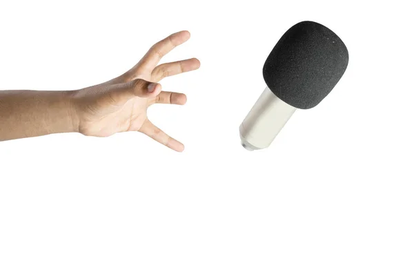 Lidská Ruka Mikrofonem Izolovaným Bílém Pozadí — Stock fotografie