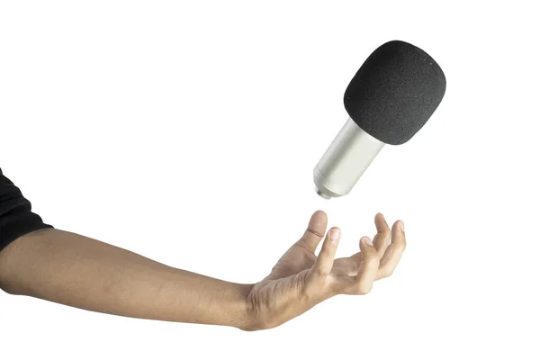 Eine Menschliche Hand Mit Einem Mikrofon Auf Weißem Hintergrund — Stockfoto
