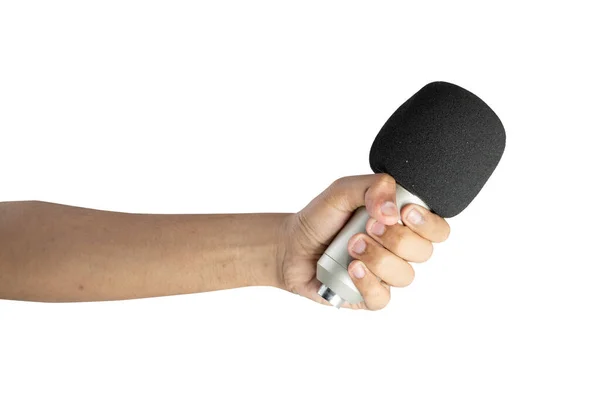 Eine Menschliche Hand Hält Ein Mikrofon Isoliert Über Weißem Hintergrund — Stockfoto