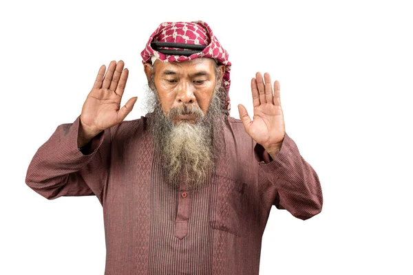 Muszlim Férfi Szakállal Visel Keffiyeh Agal Imádkozó Helyzetben Salat Elszigetelt — Stock Fotó