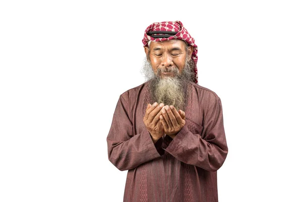 Muszlim Férfi Szakállal Visel Keffiyeh Agal Imádkozva Miközben Felemelt Kezét — Stock Fotó