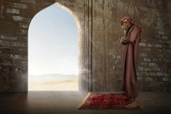 Muslim Man Beard Wearing Keffiyeh Agal Praying Position Salat Prayer — Stock Photo, Image