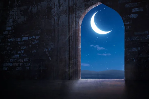 Moskee Deur Met Nacht Scene Achtergrond — Stockfoto