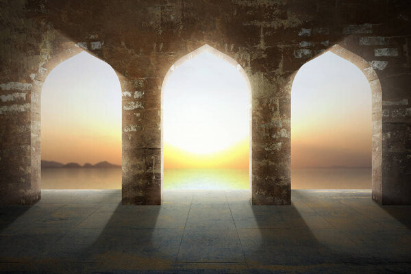 Mosque door with the sunrise sky background