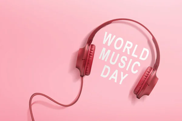 Casque Rouge Sur Fond Coloré Journée Mondiale Musique Concept — Photo