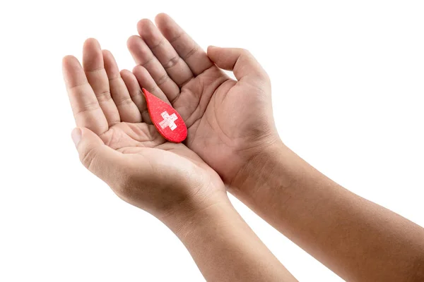 Mão Humana Mostrando Gota Sangue Vermelho Isolado Sobre Fundo Branco — Fotografia de Stock