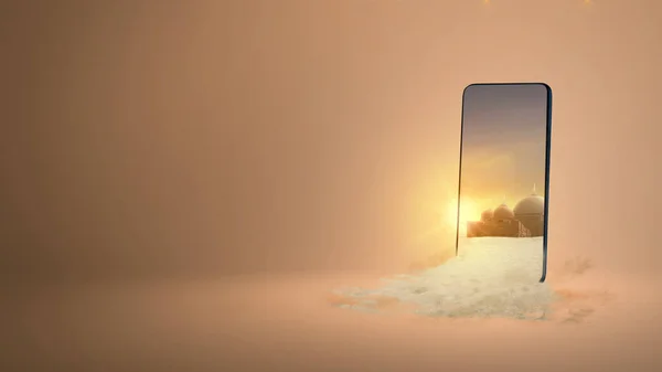 Mobile phone screen with a view of the mosque with the sunset sky background