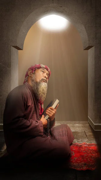 Muslimischer Mann Mit Bart Trägt Keffiyeh Mit Agal Gebetsposition Salat — Stockfoto