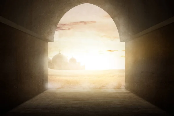 Мечеть Фоном Сцени Заходу Сонця — стокове фото