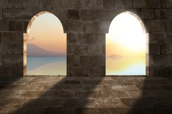 Moschee Tür Mit Dem Sonnenaufgang Himmel Hintergrund — Stockfoto