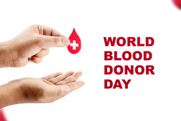Human Hand Giving Red Blood Drop World Blood Donor Day — Stock Photo, Image