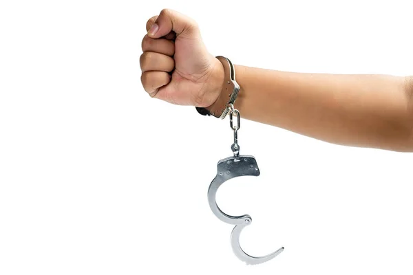 Verhafteter Mann Mit Handschellen Der Hand Isoliert Vor Weißem Hintergrund — Stockfoto