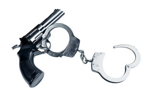 Handschellen Und Handfeuerwaffe Isoliert Über Weißem Hintergrund — Stockfoto