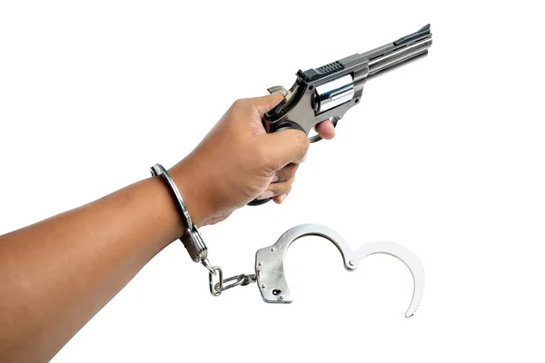 Verhafteter Mann Mit Handschellen Der Hand Und Handfeuerwaffe Vor Weißem — Stockfoto