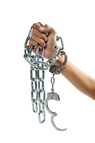 Ludzka Ręka Kajdankami Przywiązana Łańcuchem Metalowej Stali Izolowanej Białym Tle — Zdjęcie stockowe