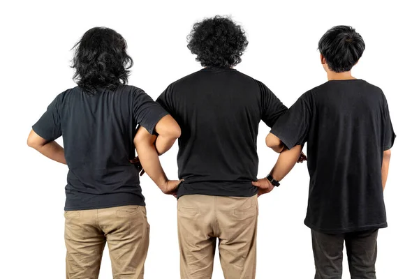 Οπίσθια Όψη Τριών Ανδρών Που Στέκονται Απομονωμένοι Λευκό Φόντο — Φωτογραφία Αρχείου