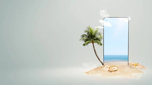 Mobiele Telefoon Scherm Met Schelpen Het Zandstrand Met Blauwe Lucht — Stockfoto