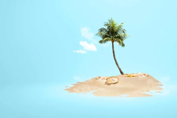 Вид Песчаный Пляж Ракушками Пальмами Цветном Фоне — стоковое фото