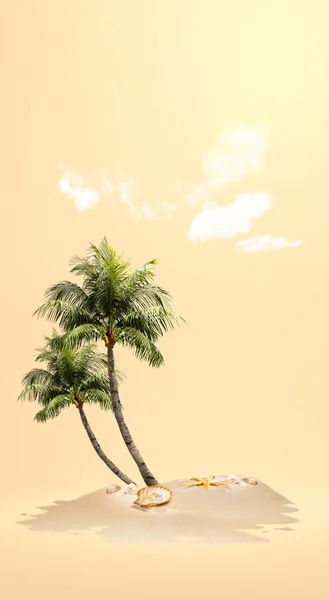 Kabuklu Kumlu Sahil Manzarası Renkli Arka Planlı Palmiye Ağacı — Stok fotoğraf