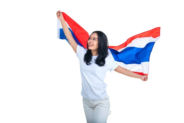 Азійські Жінки Відзначають День Незалежності Таїланду Грудня Тримаючи Прапор Таїланду — стокове фото